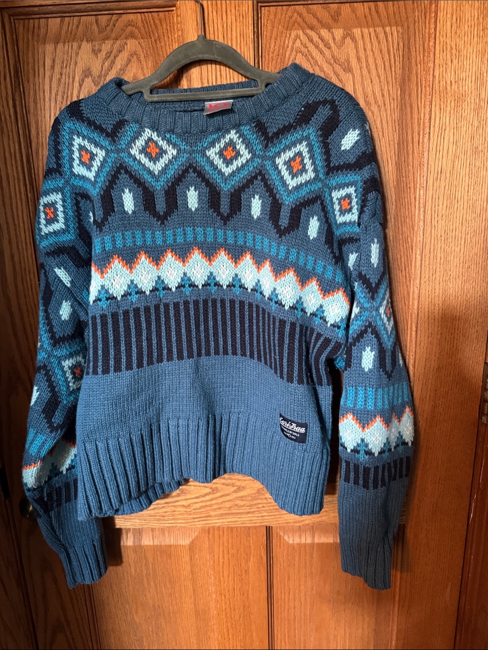Kari Traa Blue Fair Isle Crewneck Sweater with Orange Accents